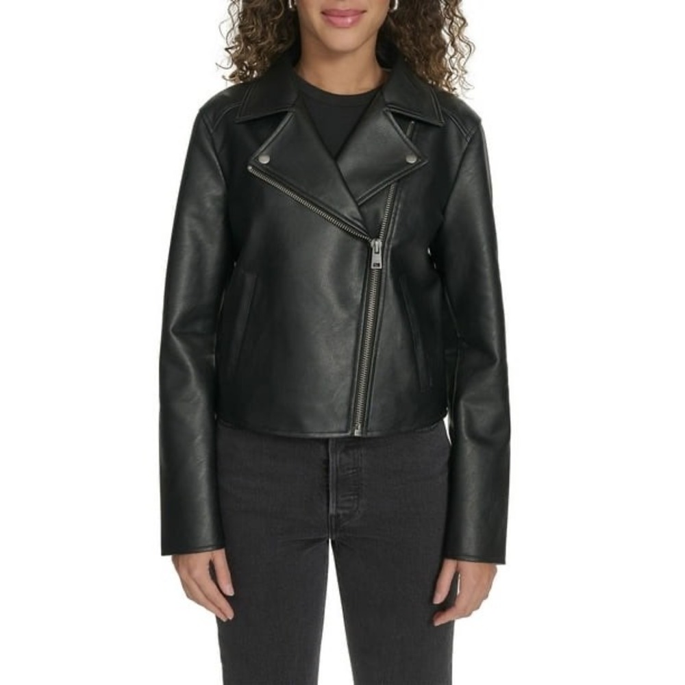 Levis Womens Faux Leather Moto Biker Jacket Black Asymmetrical Zip Small NEW